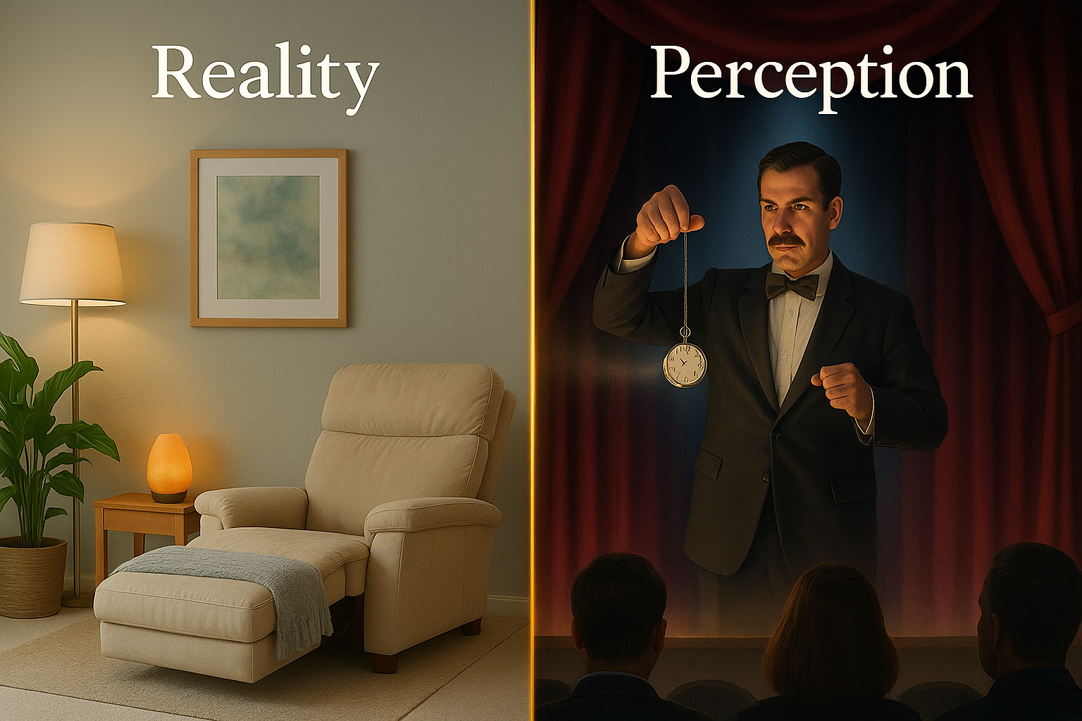 Realityvsperceptioninhypnosis Image showing reality vs perception in hypnosis by comparing a serene therapy room and a stage hypnotist